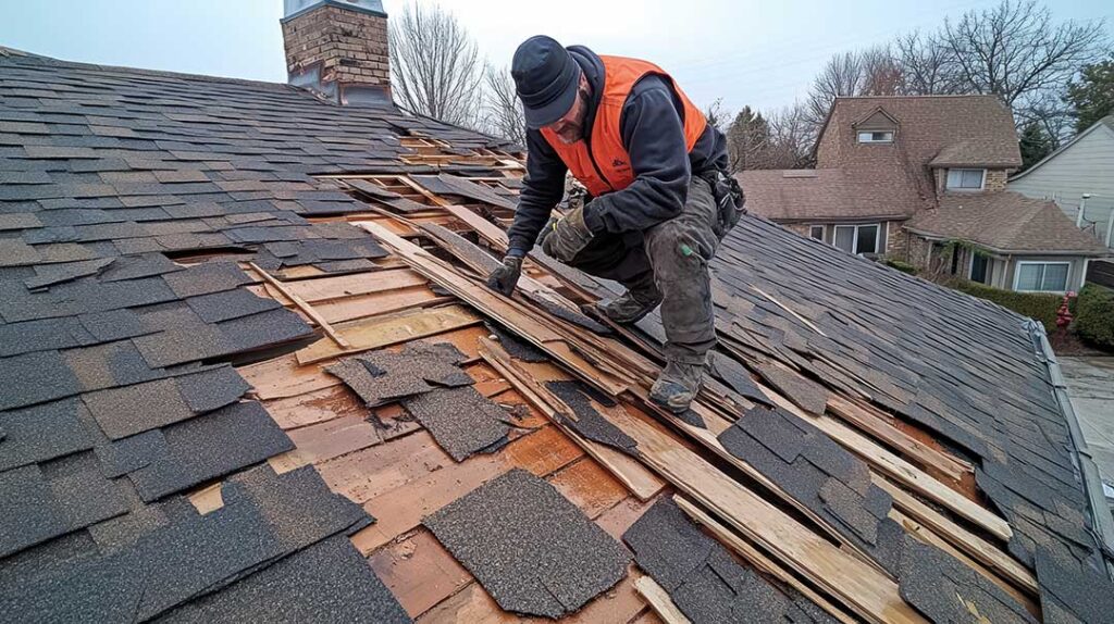 Homeowner reviewing roof warranty papers beside a window while a roof inspection is visible outside.
