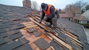 Homeowner reviewing roof warranty papers beside a window while a roof inspection is visible outside.