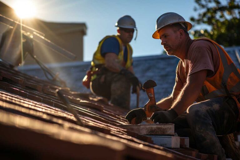 Homeowner inspecting a snow-ready roof while clearing leaves from a gutter beside a ladder.